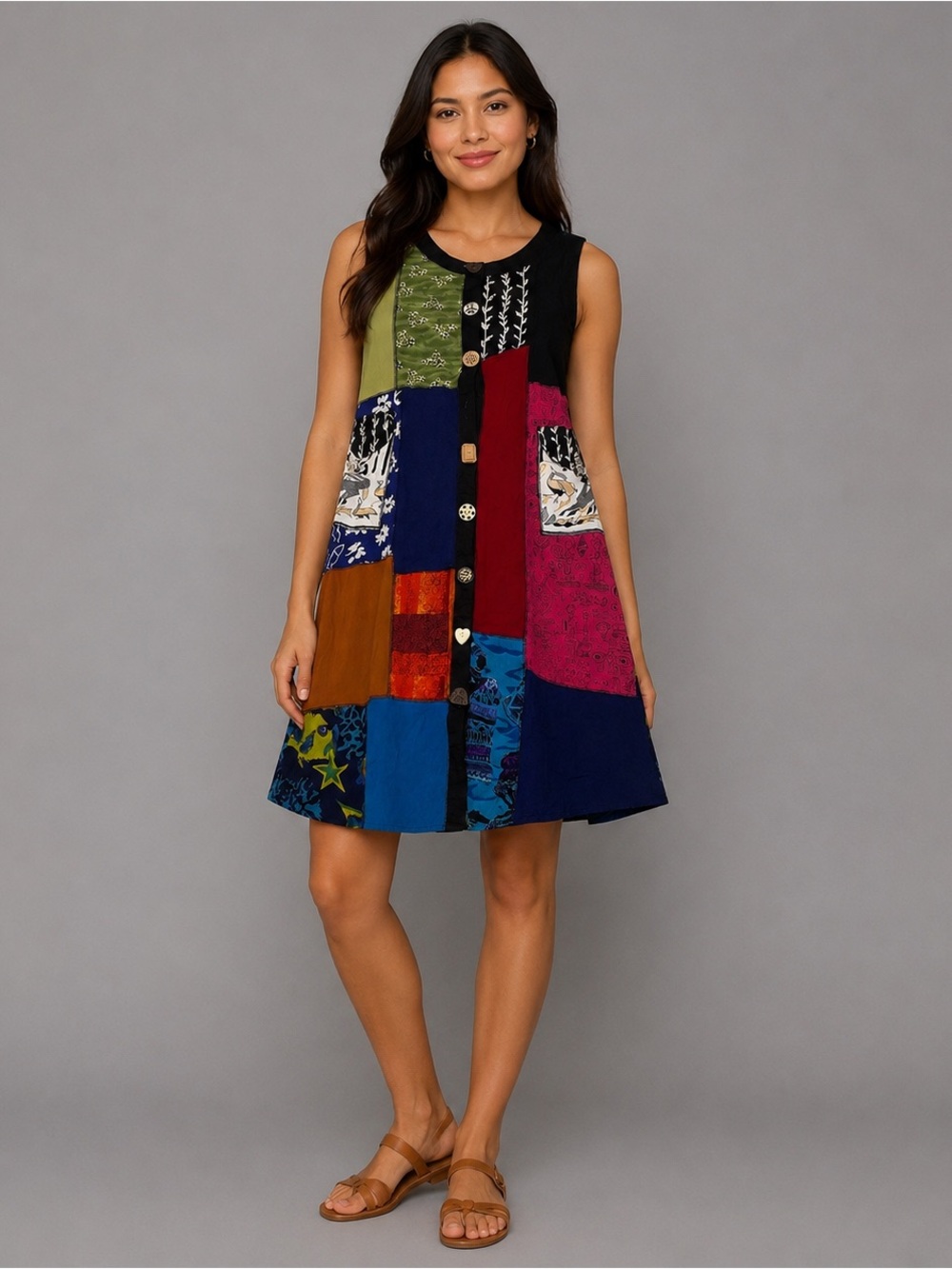La Cera Women Small Patchwork Sleeveless Button Front Rayon Dress Boho Colorful